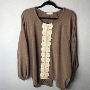 Easel Tan Blouse with Cream Lace Detail